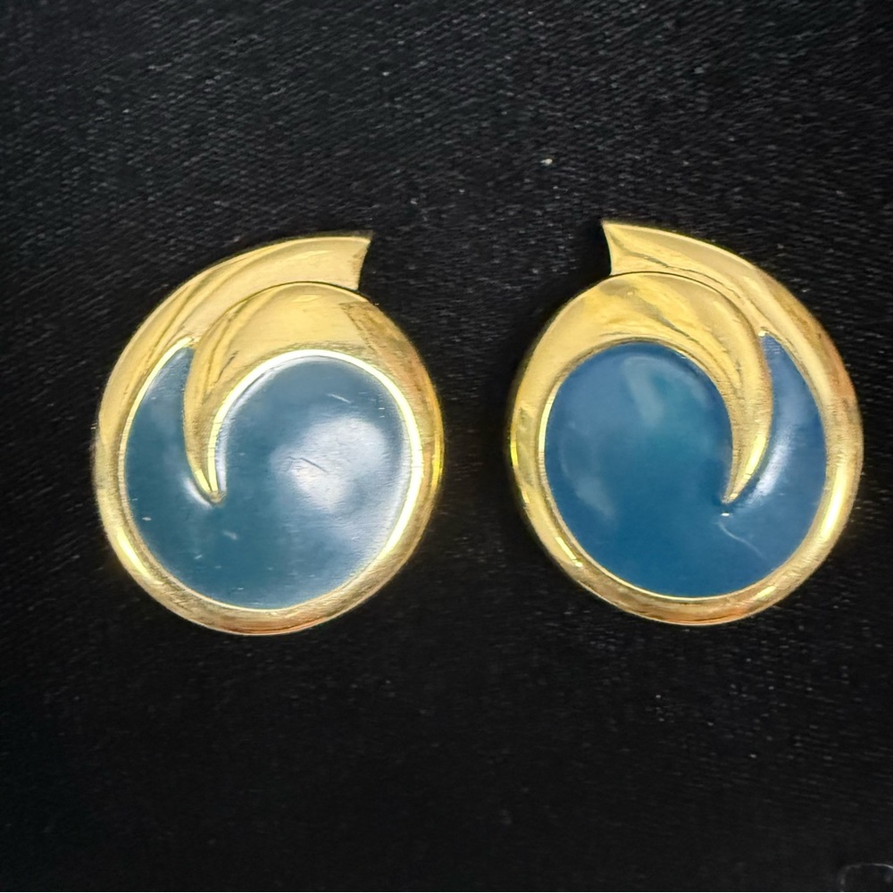 Vintage Monet Earrings Teal Blue Enamel Gold Tone Swirl